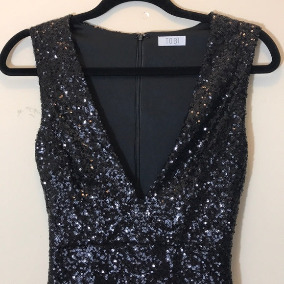 TOBI Black Sequined Mini Dress Plunging Neckline Size Small