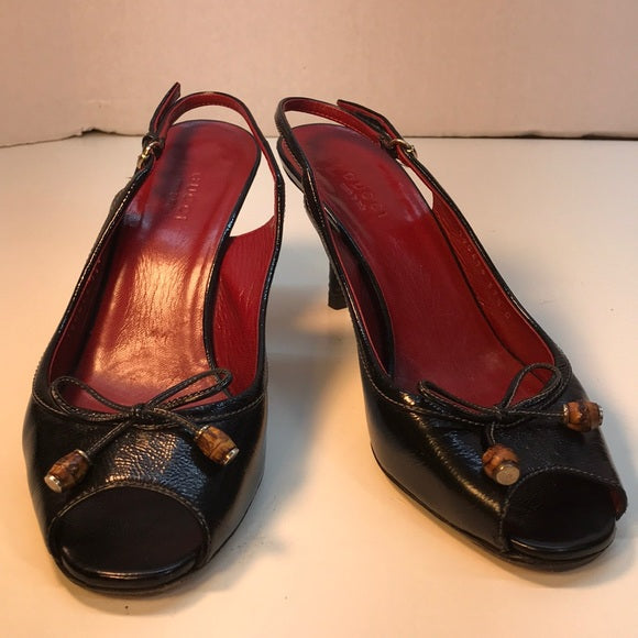 Gucci Black SlingBack OpenToe Leather Heels Sz 7.5