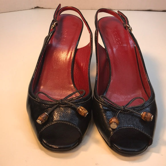 Gucci Black SlingBack OpenToe Leather Heels Sz 7.5