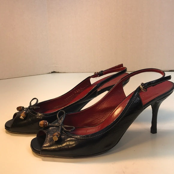 Gucci Black SlingBack OpenToe Leather Heels Sz 7.5