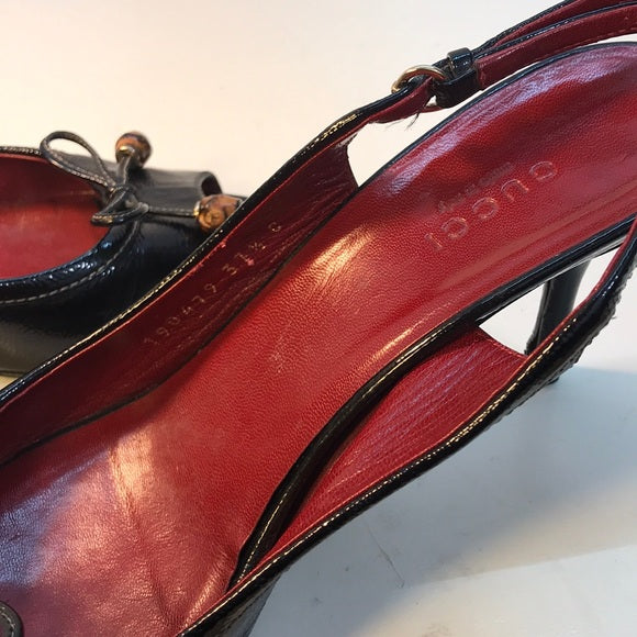 Gucci Black SlingBack OpenToe Leather Heels Sz 7.5