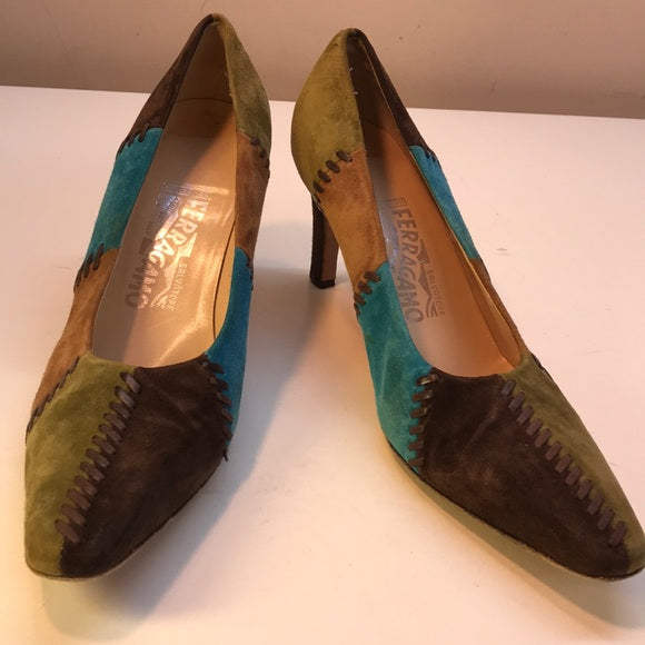 Salvatore Ferragamo Patchwork Suede Heels Size 8.5