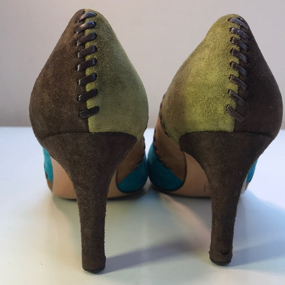 Salvatore Ferragamo Patchwork Suede Heels Size 8.5