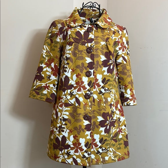 Ambition Floral Button-Up Jacket Coat 3/4 Sleeves Retro Boho Mustard Yellow