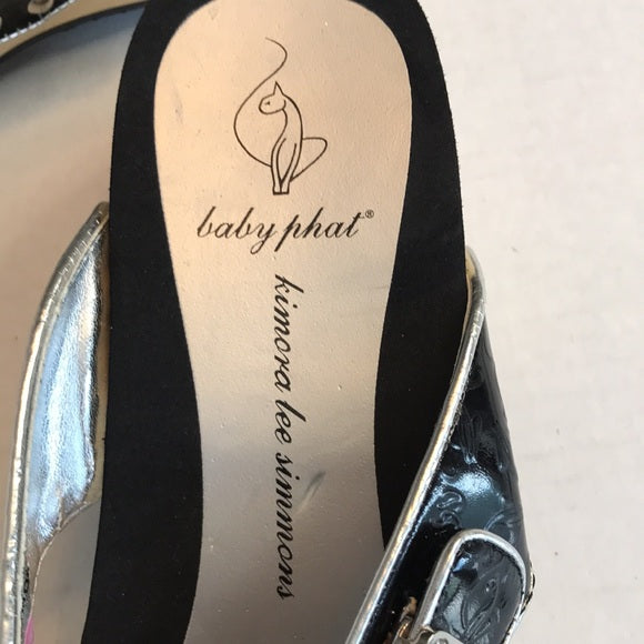 Baby Phat Black Leather + Silver Thong Platform Sandals • Women’s US 11