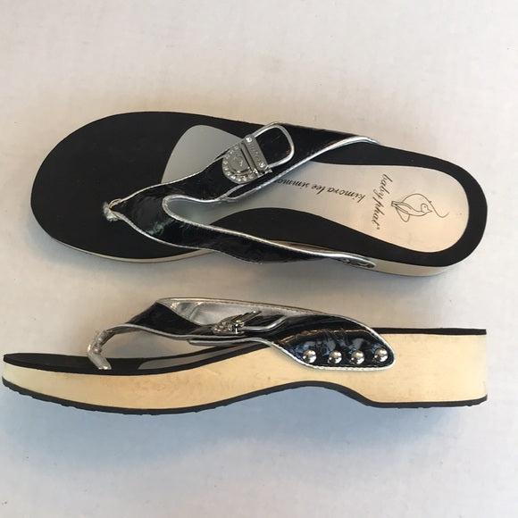 Baby Phat Black Leather + Silver Thong Platform Sandals • Women’s US 11