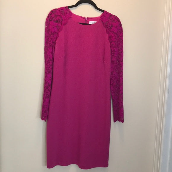 Badgley Mischka Fuchsia Lace-Sleeve Dress – Size 14