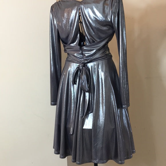 STUNNING Halston Heritage Plunging V-Neck Gray Metallic Long Sleeve Dress