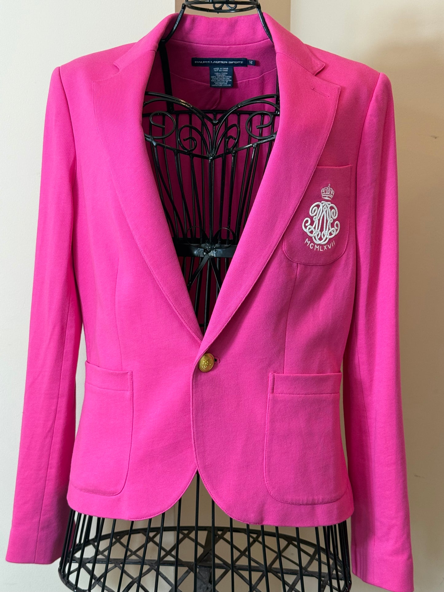 Ralph Lauren Hot Pink Single-Button Blazer with Embroidered Crest