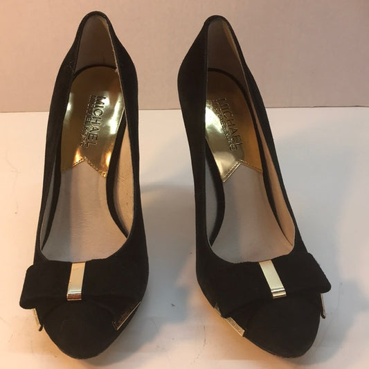 Michael Kors Black Suede Bow Pumps with Gold Trim Size 6