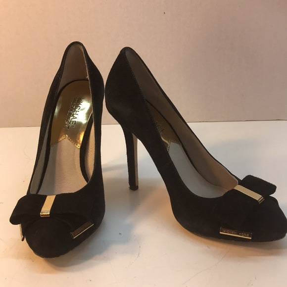 Michael Kors Black Suede Bow Pumps with Gold Trim Size 6