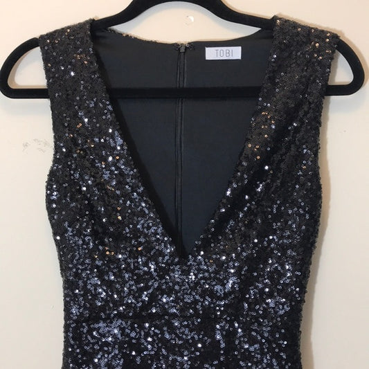 TOBI Black Sequined Mini Dress Plunging Neckline Size Small
