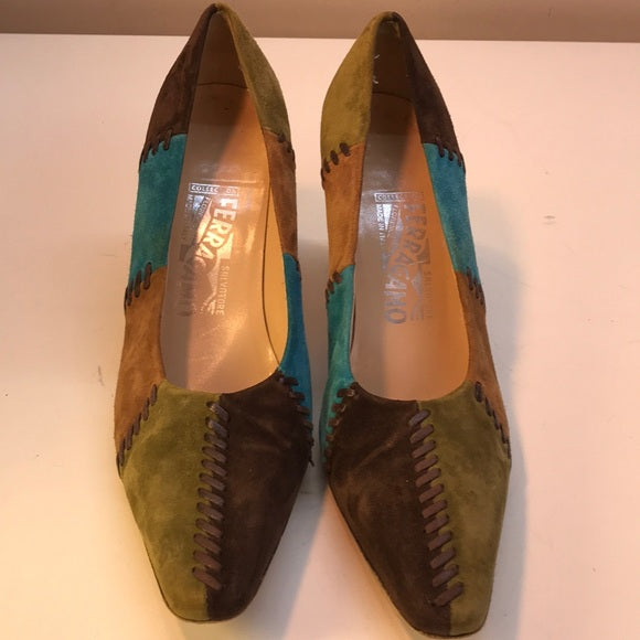 Salvatore Ferragamo Patchwork Suede Heels Size 8.5