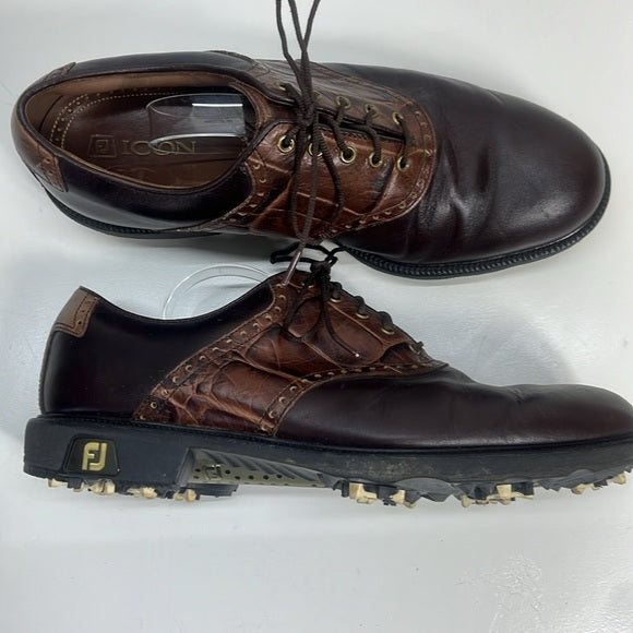 FootJoy ICON Brown & Tan Leather Oxford Style Spiked Golf Shoes – Men's Size 9.5