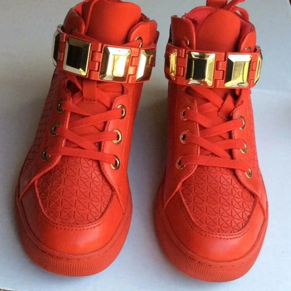 🔥 ALDO Red High-Top Sneakers w/ Gold Accents – Women’s 7.5