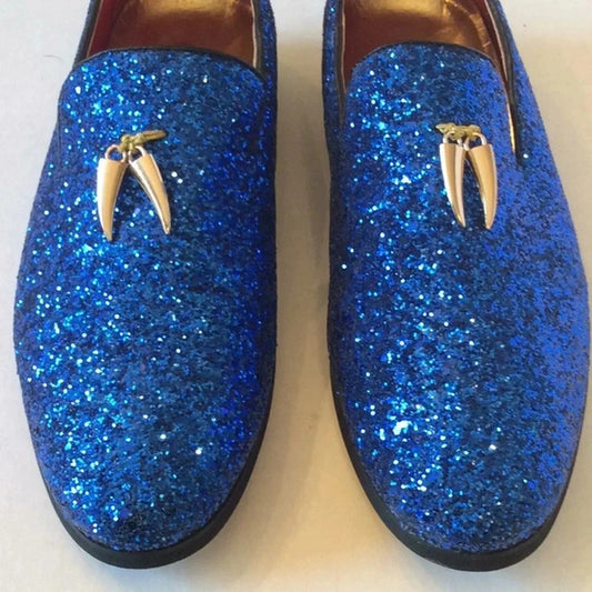 💎 Blue Glitter Loafers Gold Tassels Size US8 Euro41