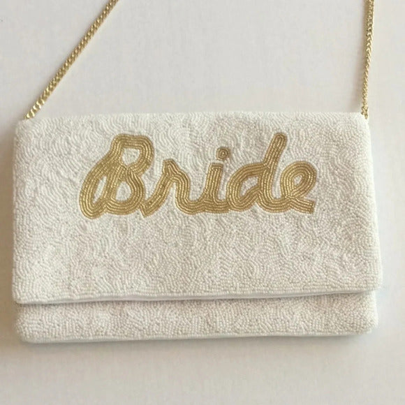 “BRIDE” Beaded Crossbody/Clutch Purse – Hand‑Beaded Seed Pearls + Gold Chain Strap