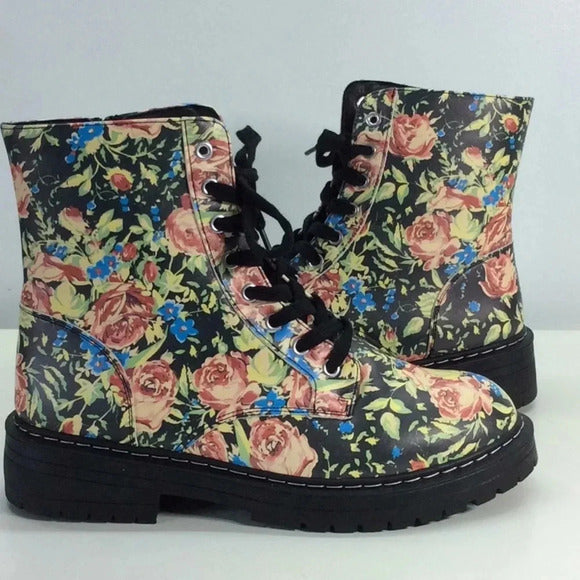 Sugar Kaedy Floral Combat Boots – Size 11 – Memory‑Foam Comfort