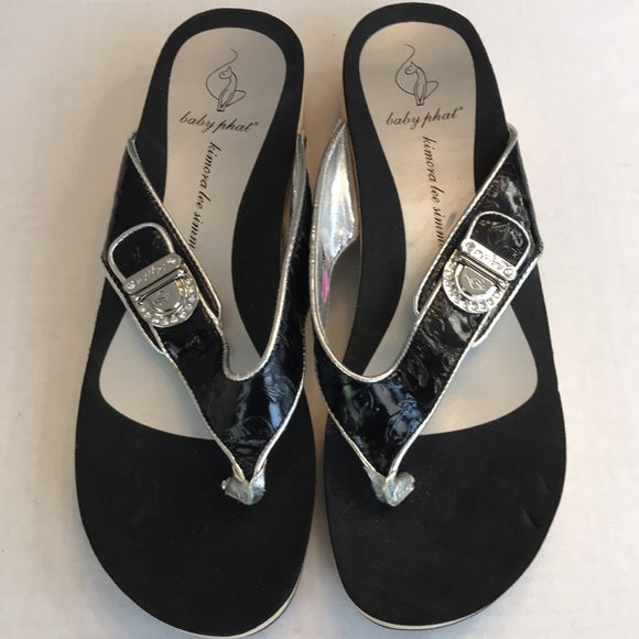 Baby Phat Black Leather + Silver Thong Platform Sandals • Women’s US 11