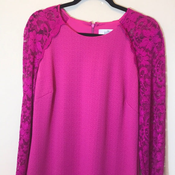 Badgley Mischka Fuchsia Lace-Sleeve Dress – Size 14