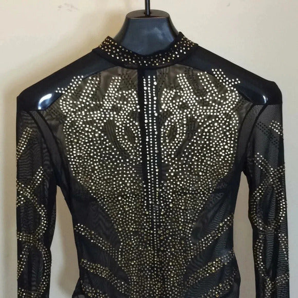 Sexy Sheer Black Mesh Bodysuit – Gold Rhinestone Embellished, Long Sleeve - Medium