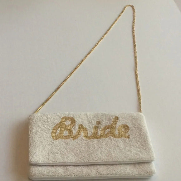 “BRIDE” Beaded Crossbody/Clutch Purse – Hand‑Beaded Seed Pearls + Gold Chain Strap
