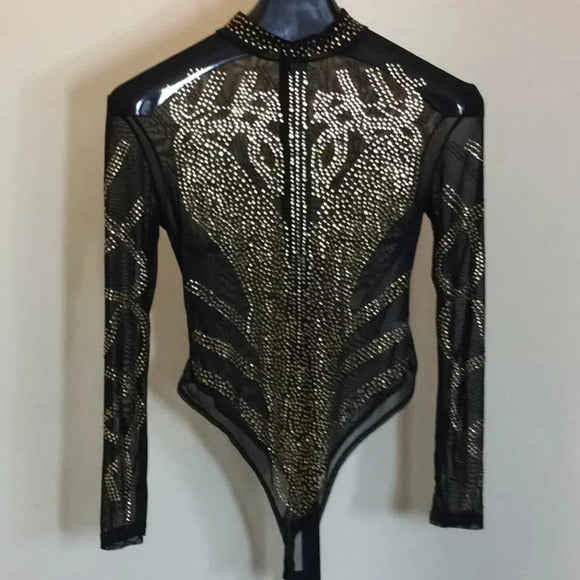 Sexy Sheer Black Mesh Bodysuit – Gold Rhinestone Embellished, Long Sleeve - Medium
