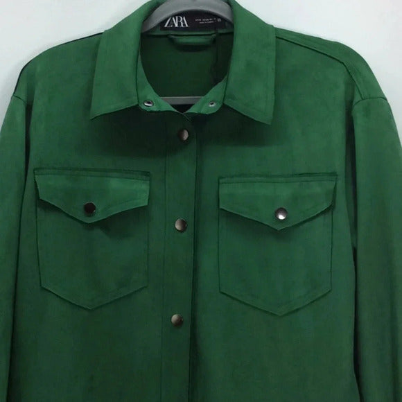 Zara Faux Suede Overshirt Jacket – Rich Green, Size XS