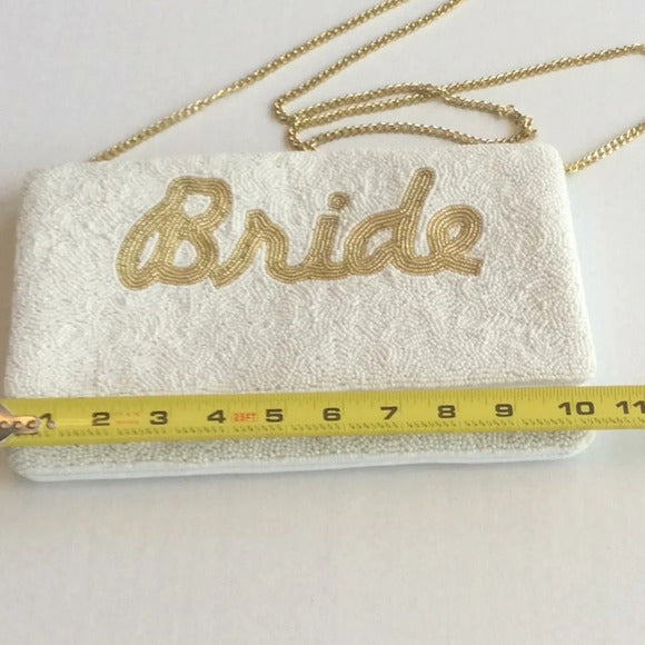 “BRIDE” Beaded Crossbody/Clutch Purse – Hand‑Beaded Seed Pearls + Gold Chain Strap