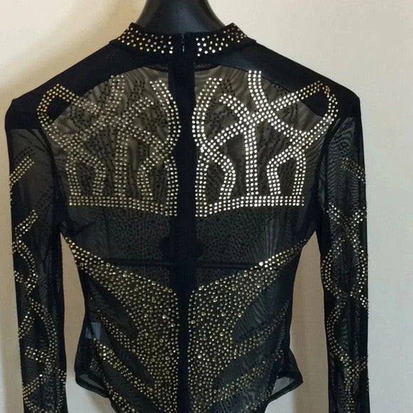 Sexy Sheer Black Mesh Bodysuit – Gold Rhinestone Embellished, Long Sleeve - Medium