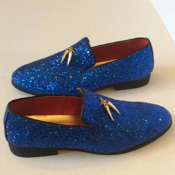 💎 Blue Glitter Loafers Gold Tassels Size US8 Euro41