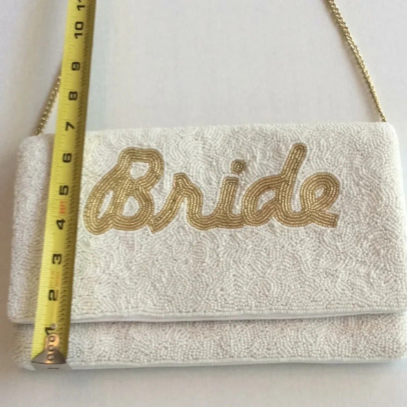 “BRIDE” Beaded Crossbody/Clutch Purse – Hand‑Beaded Seed Pearls + Gold Chain Strap