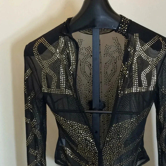 Sexy Sheer Black Mesh Bodysuit – Gold Rhinestone Embellished, Long Sleeve - Medium