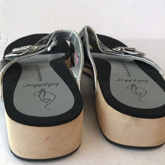 Baby Phat Black Leather + Silver Thong Platform Sandals • Women’s US 11