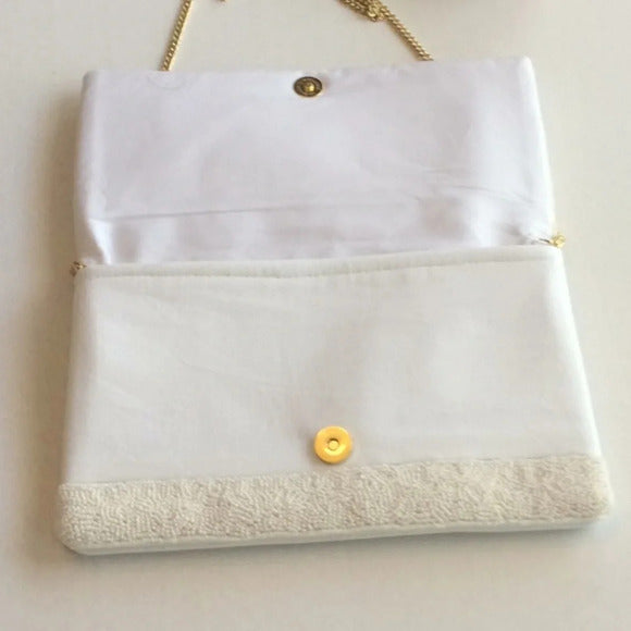 “BRIDE” Beaded Crossbody/Clutch Purse – Hand‑Beaded Seed Pearls + Gold Chain Strap