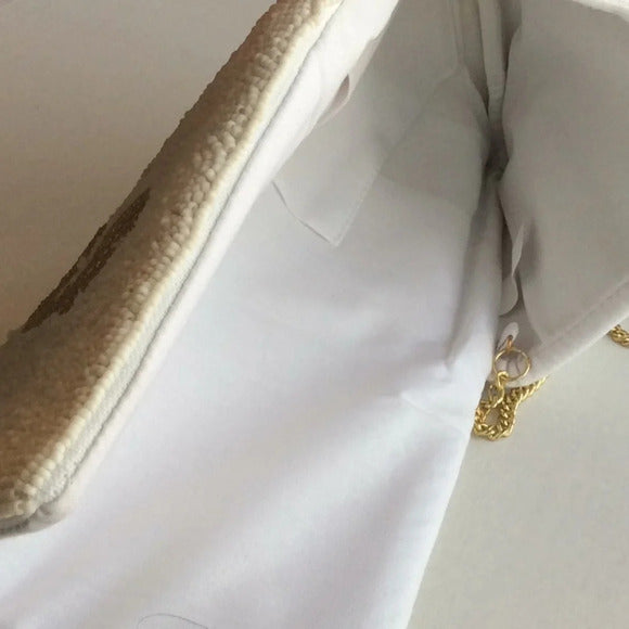 “BRIDE” Beaded Crossbody/Clutch Purse – Hand‑Beaded Seed Pearls + Gold Chain Strap