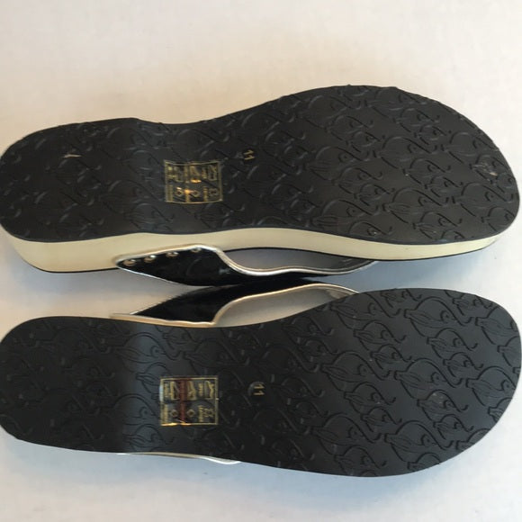 Baby Phat Black Leather + Silver Thong Platform Sandals • Women’s US 11
