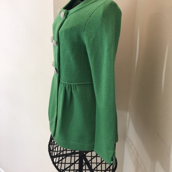 J.Crew Collection Green Cashmere-Blend Double-Breasted Sweater w/ Rhinestone Buttons