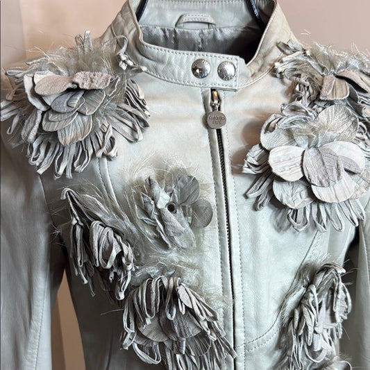 Patrizia Pepe Cream Leather Jacket – Ruffle Details